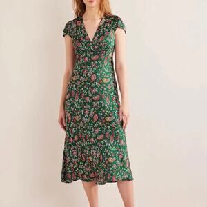 Boden Satin Empire Midi Tea Dress V-Neck Floral Paisley Green Size 6